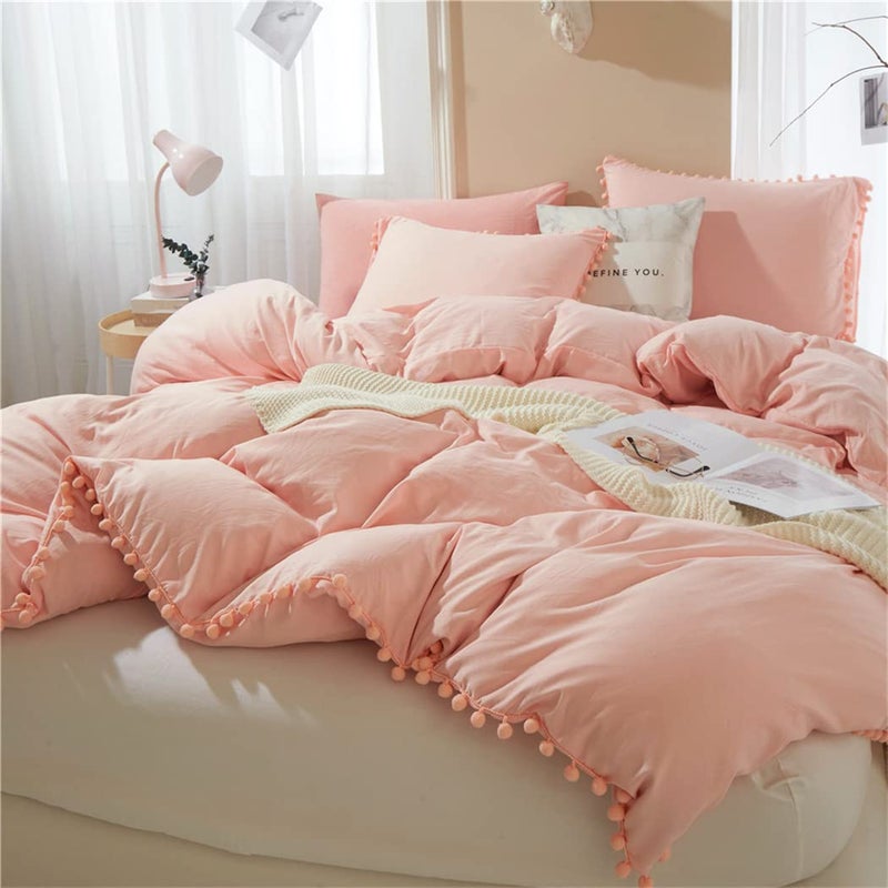 IHOUSTRIY Duvet Cover Queen Size,100% Washed Microfiber 3pcs Bedding Duvet Cover Set, Pom Poms Fringe Solid Color Soft and Breathable with Zipper Closure & Corner Ties - Pink - Image 1